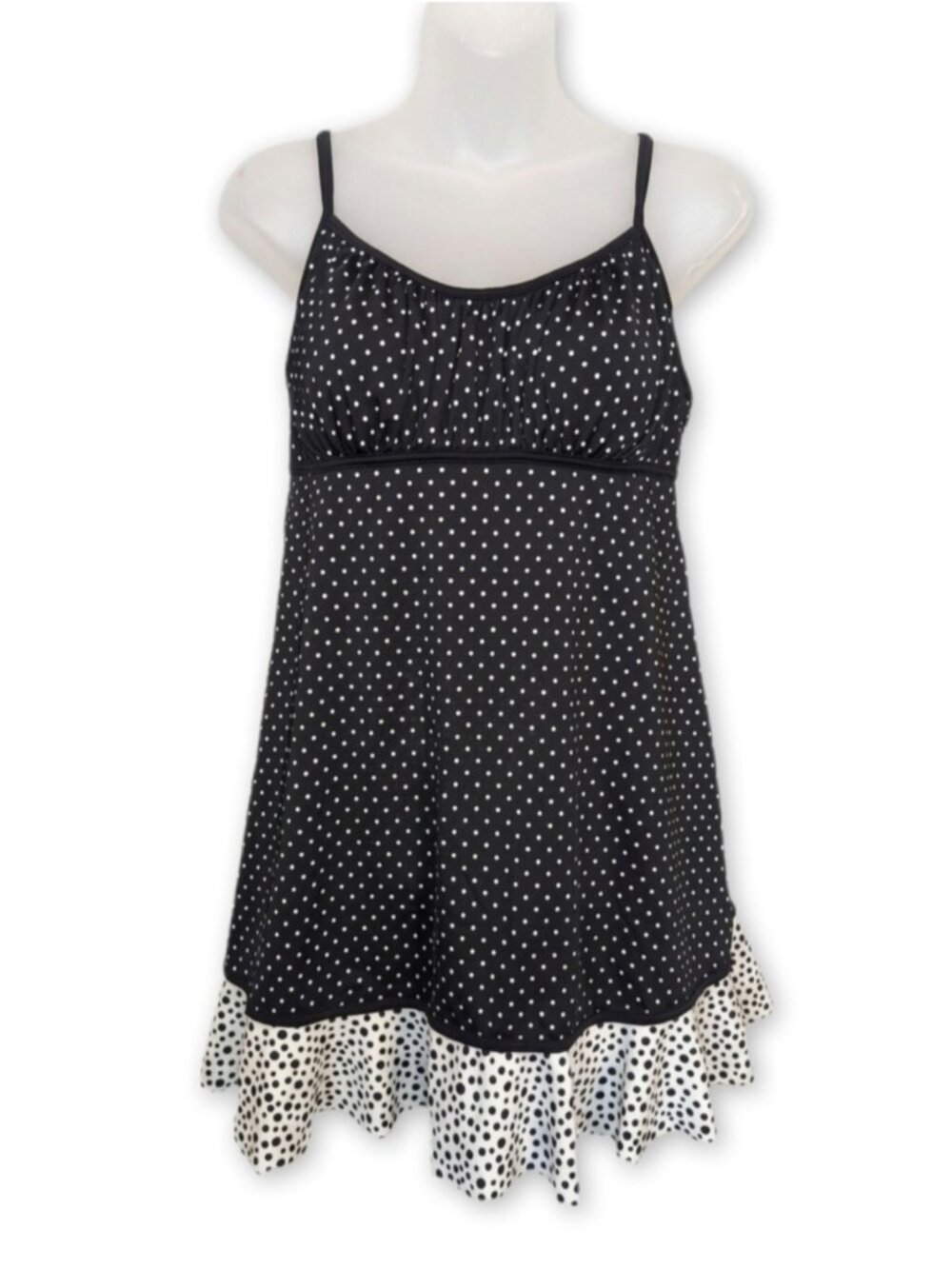 💠Mainstream Polka Dot Swim Dress Size 14 Black White Ruffle Hem Retro One Piece